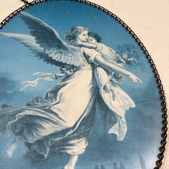 VTG Chain Framed Oval Angel & Child Printing Wall Hanging Picture 11.25"x8" - Picture 3 of 10
